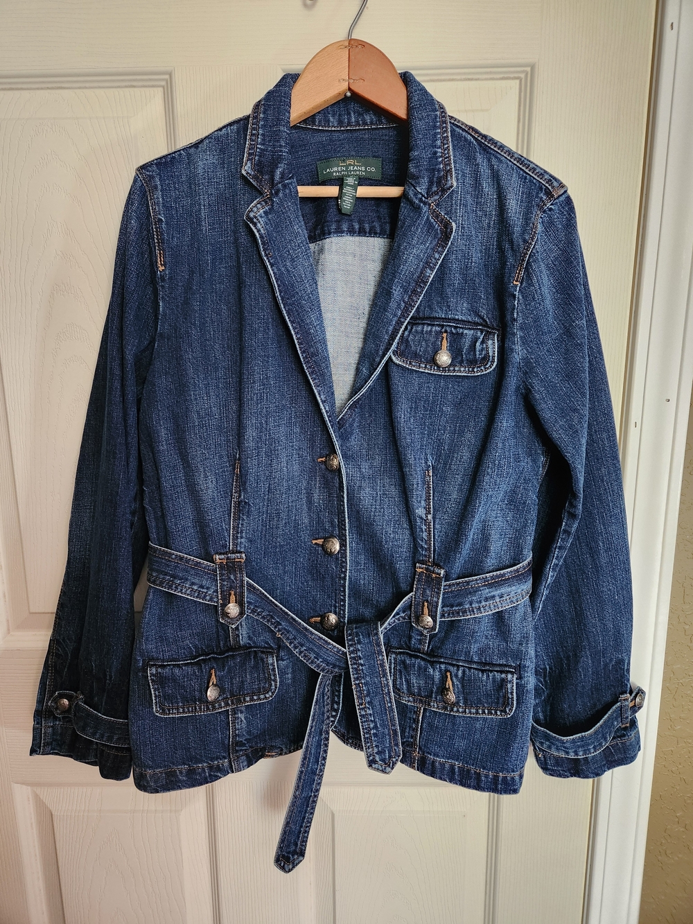 Lauren Ralph Lauren Dark Blue Denim Blazer Jacket with Belt and Extra Buttons